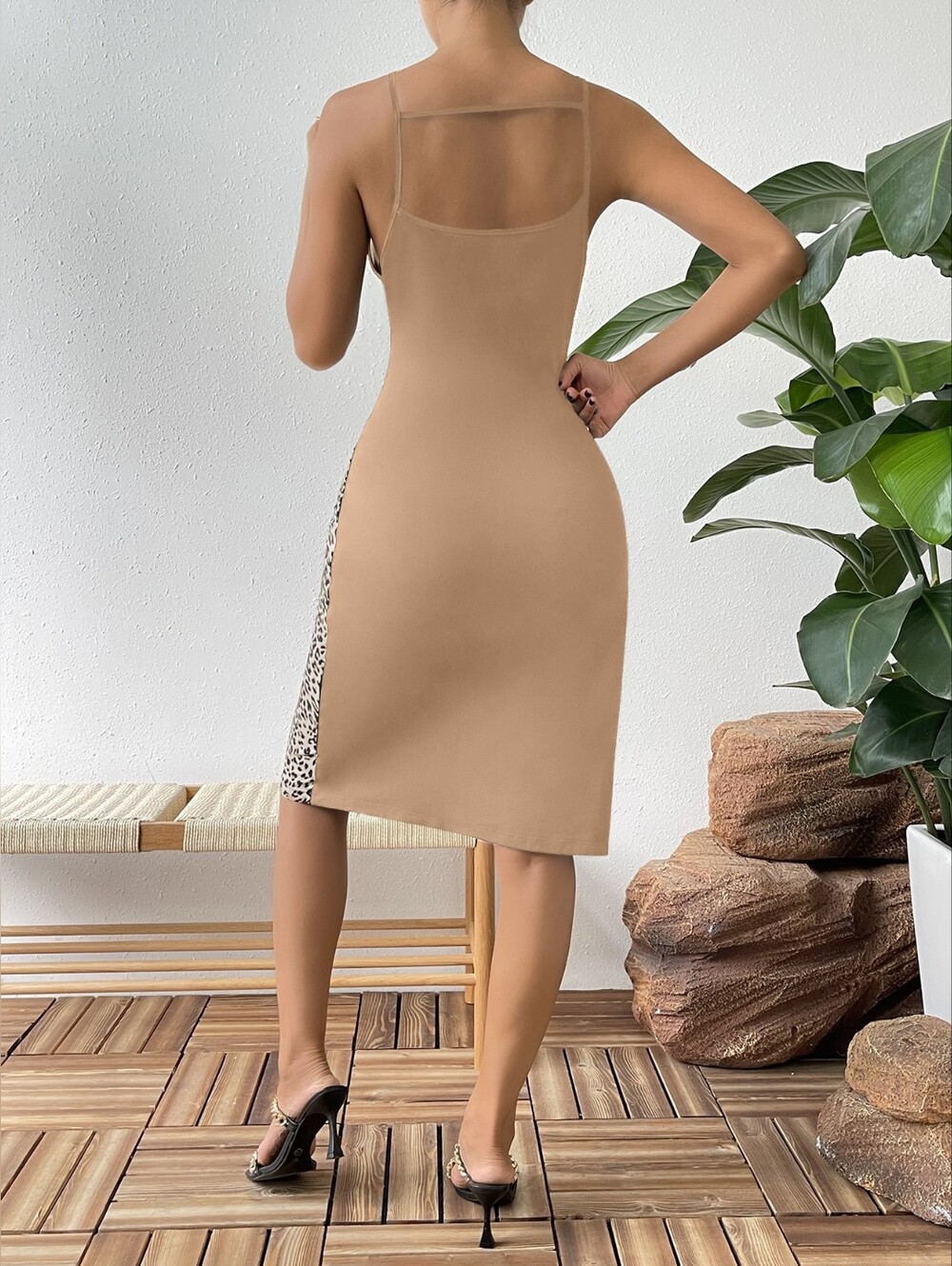 Neutral Colorblock Panel Halter Midi Dress with Leopard Accent - Picture 2 of 4